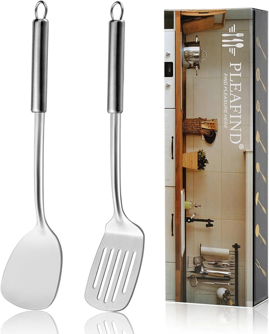Pleafind 2-Pcs Solid & Slotted Spatula Set, 304 Stainless Steel Spatula, Metal Spatulas, Wok Utensils, Cooking Utensils, Wok Spatulas for Home, Kitchen and Restaurant, Dishwasher Safe