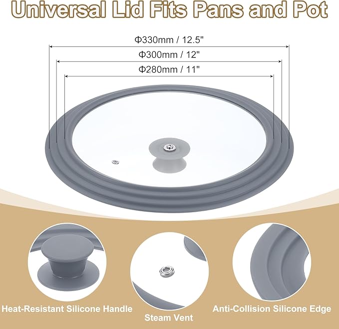 uxcell 1Pcs Universal Lid for Pot Fit 11, 12, 12.5 Inch Diameter Cookware, Replacement Pan Lids with Heat Resistant Silicone Rim, Steam Vent Pan Lid for Pots, Frying Pans, Skillets, Gray