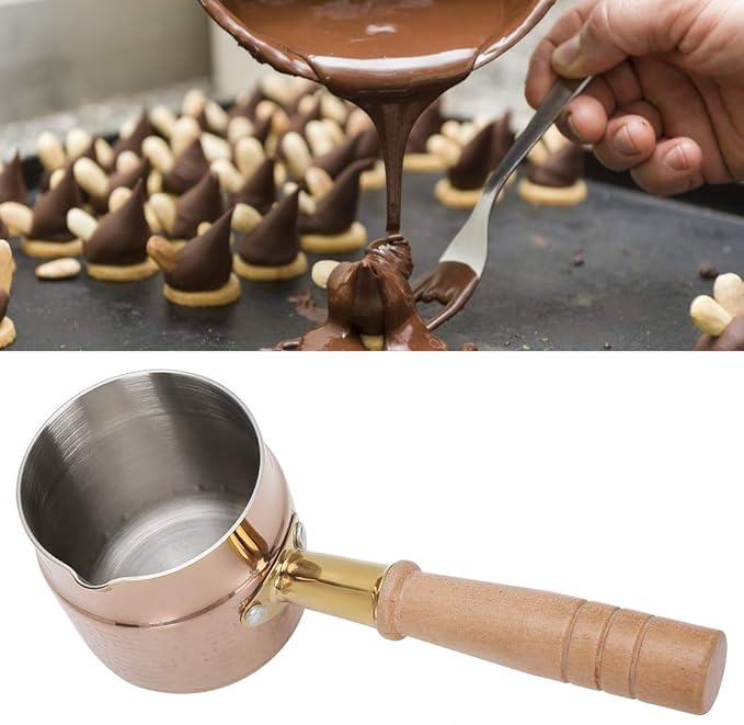 330ml Gold Stainless Steel Milk Pot With Wooden Handle - Flat Bottom Butter Melting Pan, Mini Sauce Warmer for Coffee and Chocolate