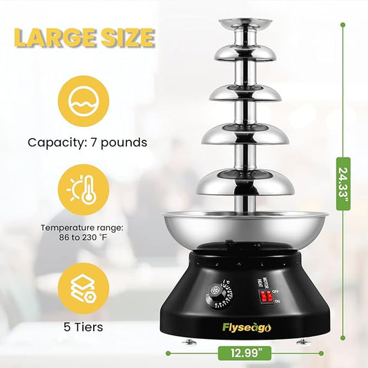 Chocolate Fountain Commercial Hot Chocolate Fondue Tower 5 Tier 7-Pound Large Capacity Stainless Steel Chocolate Melting Heating Machine for Nacho Cheese for Party Wedding (Flash Black)