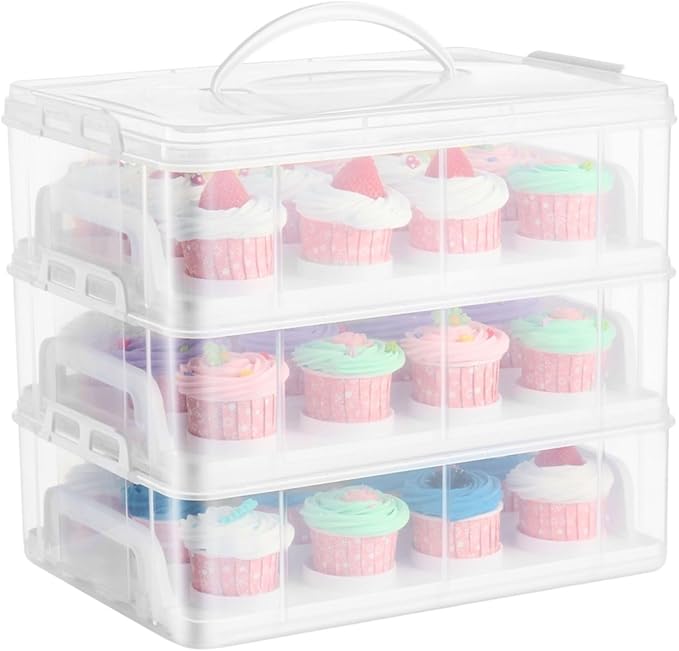 Flexzion 36 Cupcake Carrier 3 Tier Stackable Storage Container Collapsible Cake Carrier with Lid and Handle, Reusable Rectangular Plastic Dessert Travel Container, Display Holder Transport Box (Clear)