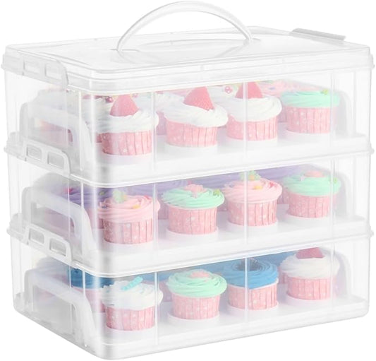 Flexzion 36 Cupcake Carrier 3 Tier Stackable Storage Container Collapsible Cake Carrier with Lid and Handle, Reusable Rectangular Plastic Dessert Travel Container, Display Holder Transport Box (Clear)