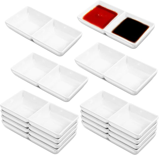 12 Pcs Dual Dipping Sauce Bowls Soy Sauce Dish Bowls Two Compartments Party Trays Divided Fondue Plates for Restaurant Kitchen Sushi Soy (White)