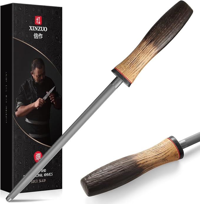 XINZUO 9.1 Inch Knife Sharpener Rod,High-Carbon Steel Hard Chrome Plating Honing Rod For Various Kitchen Knives Grinding, Pruning Shears With White Oak + Red G10 Gasket Handle