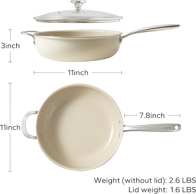 Redchef Ceramic Saute Pan with Lid, Nonstick Deep Frying Pan, 5QT Jumbo Cooker with Helper Handle & Lid, Non Toxic Ceramic Cooking Pan, Chef Pan, Dishwasher & Oven Safe, PFAS PFOA & PTFE Free