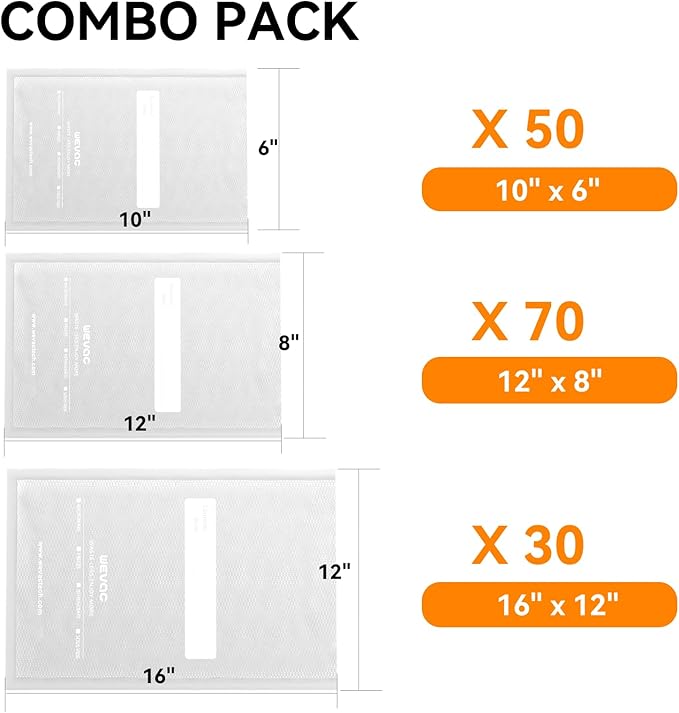 Wevac 6" x 10", 8" x 12" and 11" x 16", 150 Count, Vacuum Sealer Bags for Food Saver, Seal a Meal, Weston, Commercial Grade, BPA Free, Heavy Duty, Great for Vac Storage, Meal Prep and Sous Vide