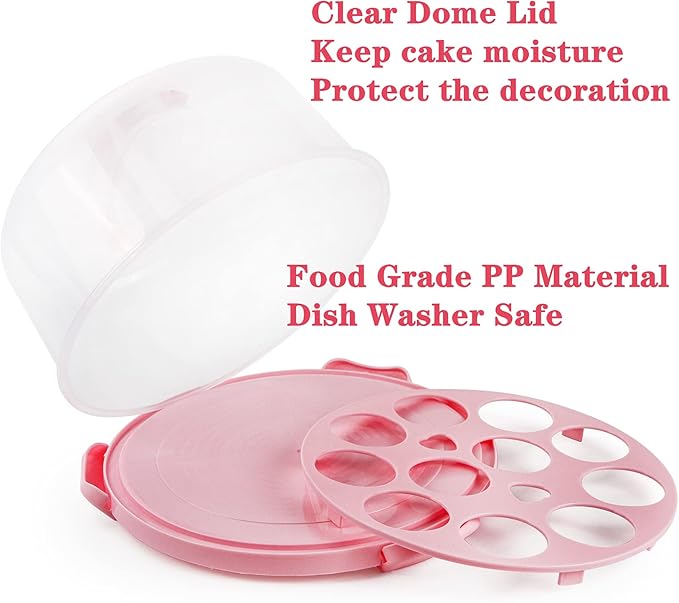 Portable Cake Carrier with Handle, Round Cupcake Holder with Lid, Plastic Storage Container Box fit 10 inch Cake, 3-Locking Muffin and Pies Keeper with Cover (Pink)