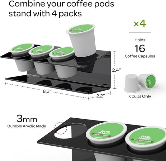 K Cup Holders, Acrylic Coffee Pods Organizer Stand Magnetic & Self-Adhesive for Kitchen Wall, Cabinet, Fridge (4 Pack for 16 Pods)