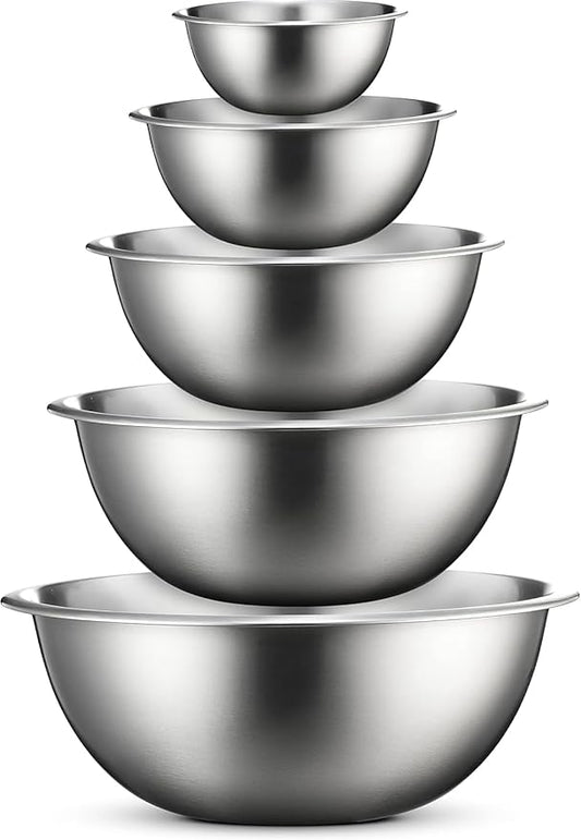 Stainless Steel Mixing Bowl Set, Nesting Bowls for Kitchen Baking, Cooking, Prepping, Kitchen Food Storage Organizers, No Lids (5 Pack)