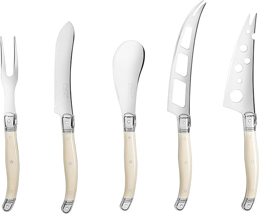 French Home 5-Piece Artisan Cheese Knife Set – Versatile Cheese Knives Set with Three-Rivet Ivory-Colored Handles & Iconic Bee Emblem – Sophisticated Charcuterie Board Accessories