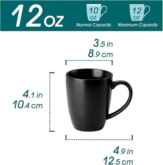 vancasso PLAYA Ceramic Coffee Mug Set of 6, 12 Oz Tea Cups with Handle for Latte, Tea, Cappuccino, Milk, Cocoa, Microwave&Dishwasher Safe, Black