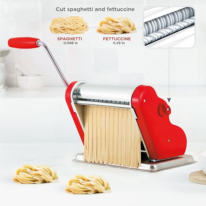 PASTALINDAClassic 200 Pasta Maker Machine, 20 cm Wide Rollers, 9 Thickness Positions, 2 Cutting Positions, Stainless Steel. Includes Reinforced Hand Crank And Two Clamps (Red)