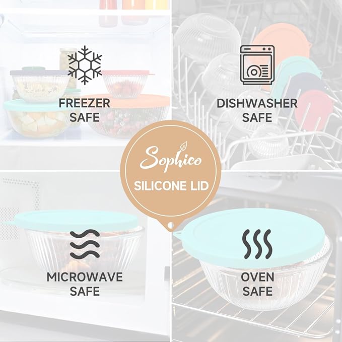 SOPHICO Silicone Replacement Lids for Pyrex Sculpted Glass & Tinted Glass Bowls Mixing Bowls(4 size)