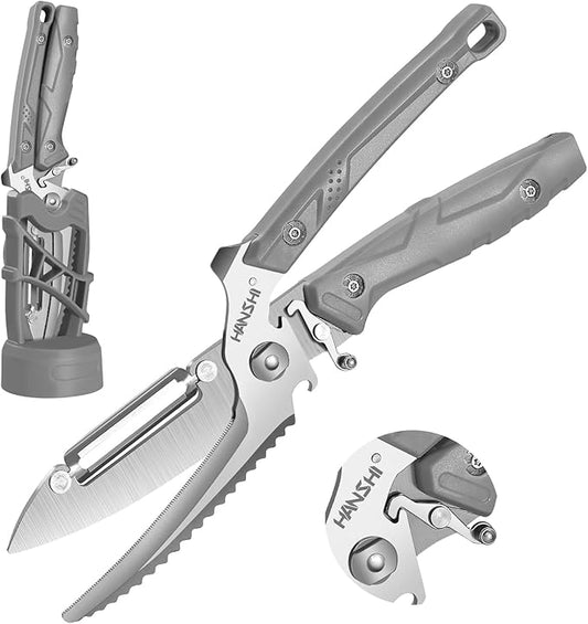 HANSHI Kitchen Shears Heavy Duty Kitchen Scissors with Magnetic Holder, Detachable Multifunctional Poultry Shears for Chicken, Meat, Fish, Turkey, Vegetable,Bone,Gift Box Included (Gray)