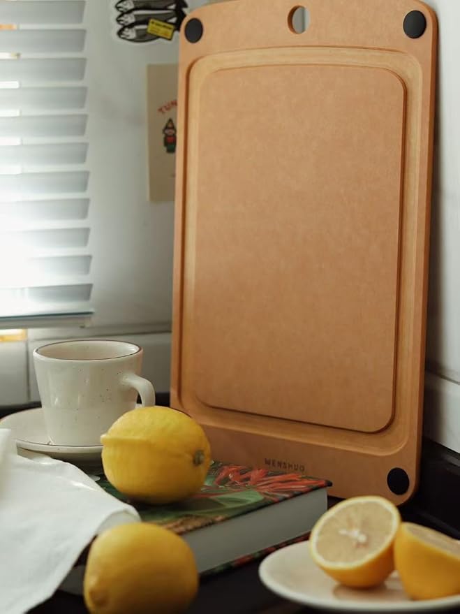 WENSHUO Gourmet Series Cutting Board Set for Kitchen- Natural Wood Fiber Composite with Juice Groove、Non-slip Feet,Non-Porous,Reversible,BPA Free,Dishwasher Safe,2PCS