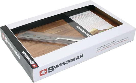 Swissmar Acacia Cheese Board Set – 15x10” Wooden Cutting & Serving Board with Stainless Steel Cheese Knife, Durable & Water-Resistant