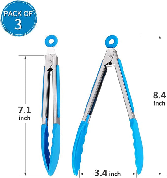 Small Tongs For Cooking,7 inch Kitchen Mini Tongs with Silicone Tips Great for Air Fryer Cooking Serving Tong Set of 3 Turning Appetizers,Veggies,Salad,Grilling,Frying,Food tong (Red Blue Green)