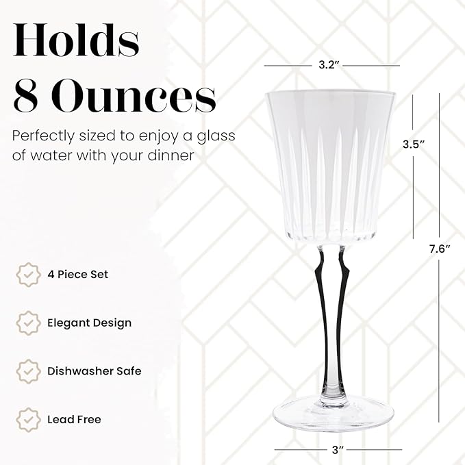 Vikko Water Glasses, Timeless Collection 8 Ounce Elegant Water Glass for Fine Dining, Set of 4 White Goblets with Stem, Dishwasher Safe