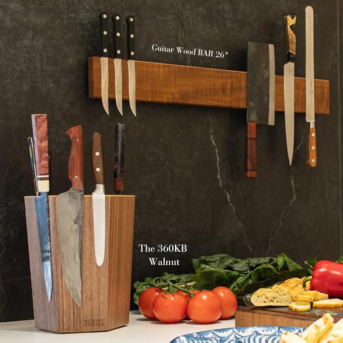 360KnifeBlock magnetic knife BAR XL 26" - 2 Rows of Magnets, 'magic floating backer' w/level system, 2"screws, 3 sizes from 5" to 26" - handmade in Washington (WOOD, 26" Wide)