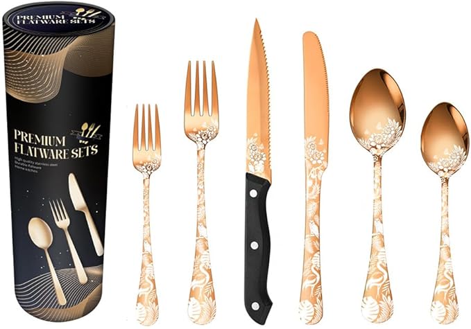 Premium 24 Piece Western Pattern Steak Knife,Fork and Spoon Set,Set for 4,Stainless Steel Cutlery Set with Gift-Ready Box,Dishwasher Safe, Ergonomic Design (Rose Gold)
