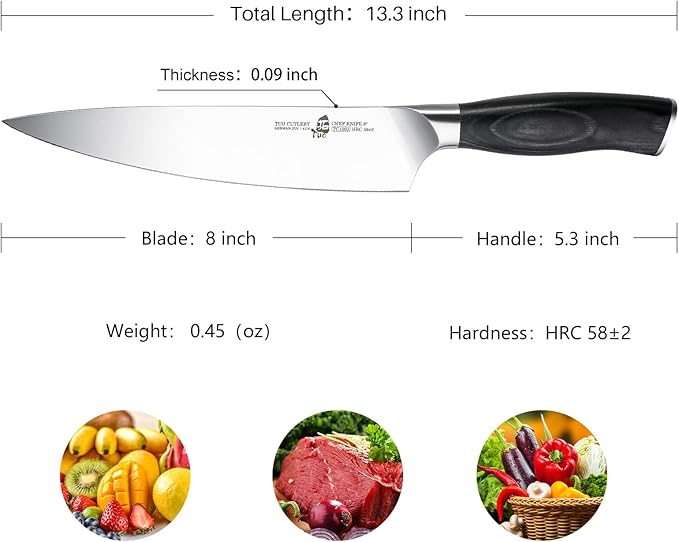 TUO Chef Knife - 8 inch Pro Kitchen Knife Asian Chef’s Knife Cooking Knife, High Carbon German Stainless Steel Ultra Sharp, Ergonomic Pakkawood Handle with Gift Box, Fiery Phoenix Series - Black