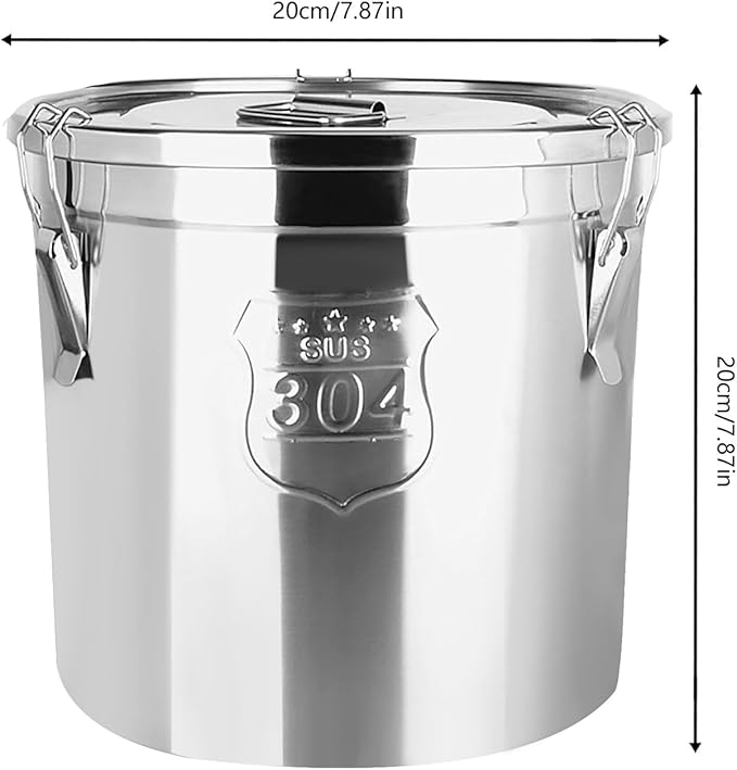 Stainless Steel Airtight Canister for Kitchen, 6L/1.59Gal Metal Food Storage Container Flour Bucket with Lid & Clamps, Bean Rice Cereal Canister Holder for Kitchen Restaurant, D7.9*H7.9in