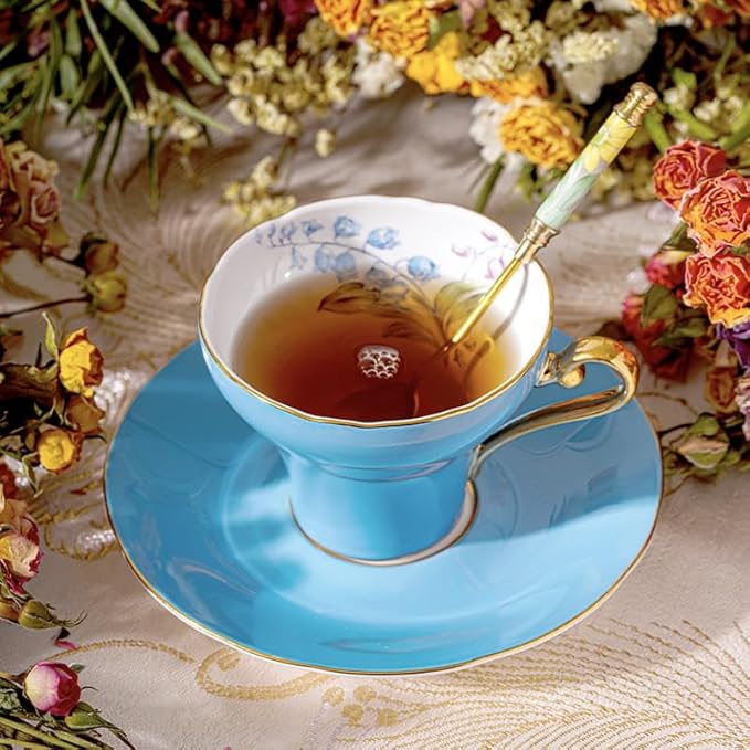 Aynsley Handpainting Colored Glaze Lily of the Valley Corset Fine Bone China English Tea Cup and Saucer Set, 6.1 oz (Turq)