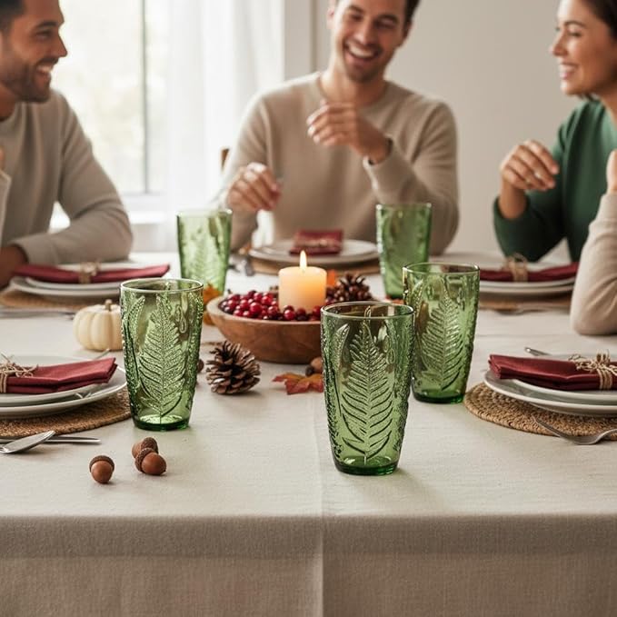 Vintage Green Drinking Glasses Set of 4 – 16 oz Hand-Blown Glass Tumblers, Heavy Textured Highball Cups, Antique-Style Colored Glassware, Retro Boho Aesthetic Drinkware – Unique Housewarming Gift