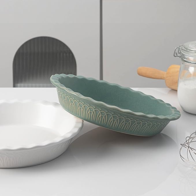 Fun Elements Ceramic Pie Pan, 9 Inch Pie Dish for Baking, Ruffled Pie Plate, Non-Stick Deep Dish Pie Pan for Apple Pie and Pot Pie, Thanksgiving Christmas Gifts, Set of 2, Green