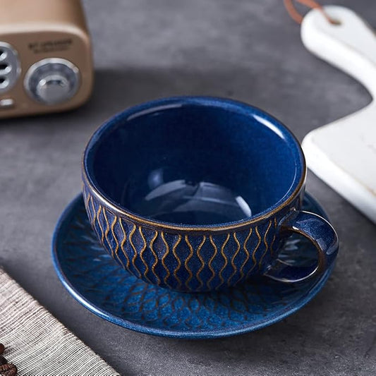 Vintage Design 12 oz Ceramic Latte Art Cappuccino Barista Cup with Saucer (Embossed Blue)