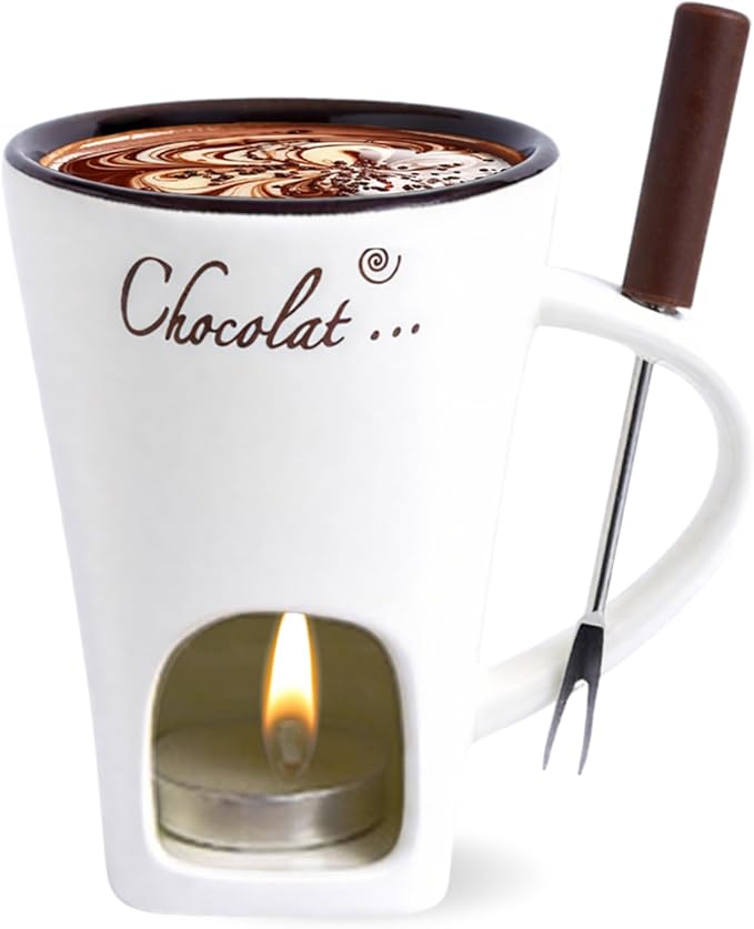 Mini Sweet Fondue Cup, Ceramic Coffee Warmer Mug, Portable Chocolate Melting Cup with Fork for Cheese, Great for Adult/Kids for Camping/Date/Movie Night/Birthday/Wedding Gifts (White)