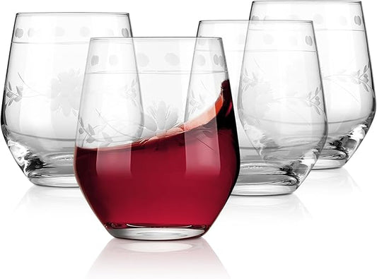 Royalrose Premium Delight Vintage Red Wine Glasses Set of 4, 15.7 oz – Hand-Blown with Etched, Classic Glassware for Weddings, Dinners, and Holiday Gifting (Stemless Wine Glasses)