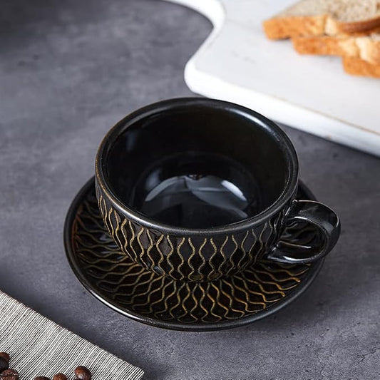 Vintage Design 12 oz Ceramic Latte Art Cappuccino Barista Cup with Saucer (Embossed Black)