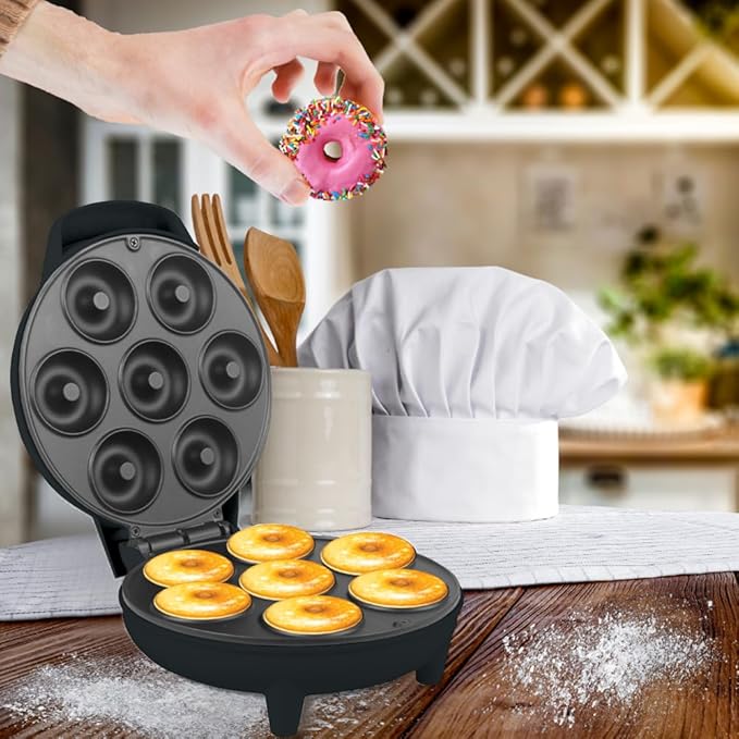 Courant Mini Donut Maker Machine for Holiday, Kid-Friendly, Breakfast or Snack, Desserts & More with Non-stick Surface, Makes 7 Doughnuts, Red