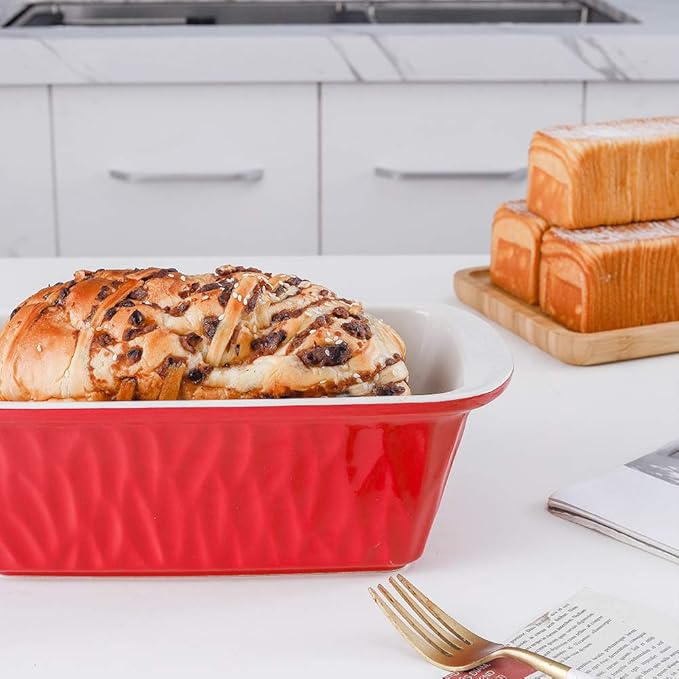 Ceramic Loaf Pan for Baking Bread, 9 x 5 inch Bread Pan, Rectangular Bread Loaf Pan, Ceramic Bakeware for Cooking, Home Kitchen, Bread Baking Pan Texture Series (Red)