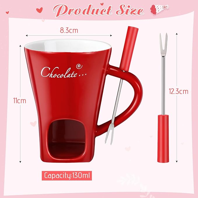 Honeydak Chocolate Fondue Mug with Fork and Candle Sweet Ceramic Personal Chocolate Melting Cup Chocolate Fondue Mug Ideal Gifts for Birthday Date Night Birthday Wedding Gifts(Red)