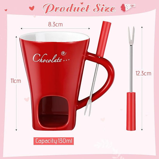 Honeydak Chocolate Fondue Mug with Fork and Candle Sweet Ceramic Personal Chocolate Melting Cup Chocolate Fondue Mug Ideal Gifts for Birthday Date Night Birthday Wedding Gifts(Red)