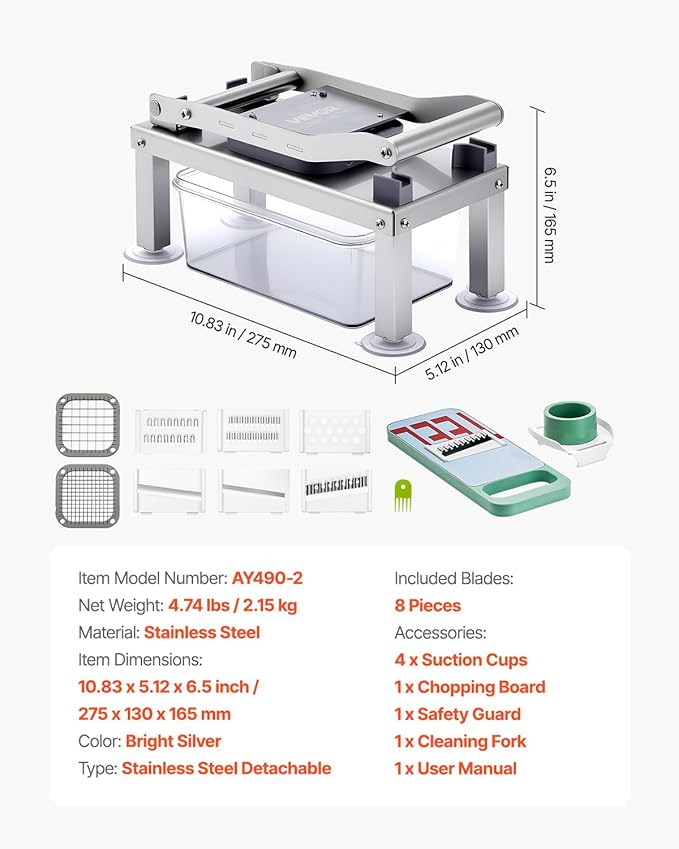 VEVOR Vegetable Chopper Mandoline Slicer, All-in-1 Food Veggie Cutter with 8 Stainless Steel Blades, Cheese Grater Onion Potato Salad Dicer with Container,Kitchen Gadgets&Essentials Home Appliances