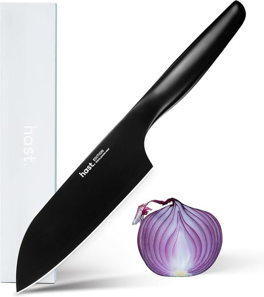 HAST 6-Inch Santoku Knife - Ultra-Sharp Japanese Chef Knife, Advanced Powder Steel, Lightweight, Ergonomic Handle, Sleek Minimalist Design, Red Dot Award Winner (Titanium Black)