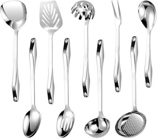 304 Stainless Steel Kitchen Utensil Set - 9pcs Cooking Utensils, Metal Kitchen Utensil Spatula Sets Cookware,High temperature resistance Kitchen Tool Set for Hanging Dishwasher Safe(Silver)