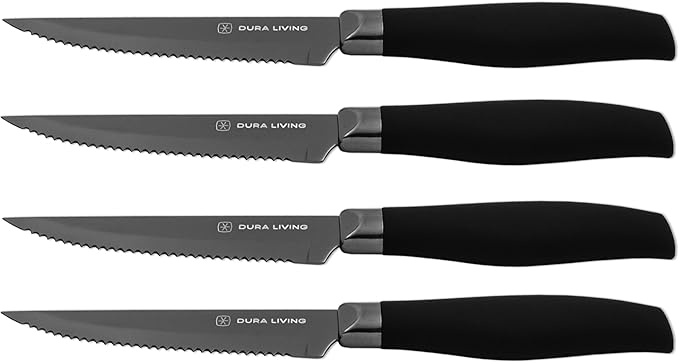 Steak Knives, Steak Knives Set of 4, Nonstick Titanium High Carbon Stainless Steel Serrated Steak Knife, Soft Grip Handle, With Sheaths, Black Knife Set