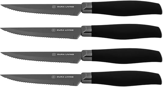 Steak Knives, Steak Knives Set of 4, Nonstick Titanium High Carbon Stainless Steel Serrated Steak Knife, Soft Grip Handle, With Sheaths, Black Knife Set