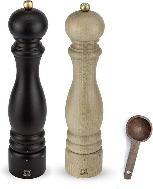 Peugeot Paris u'Select 6 Setting Manual beechwood Salt & Pepper Mill Set With Wooden Spice Scoop Made In France (Chocolate & Natural, 12- Inch)