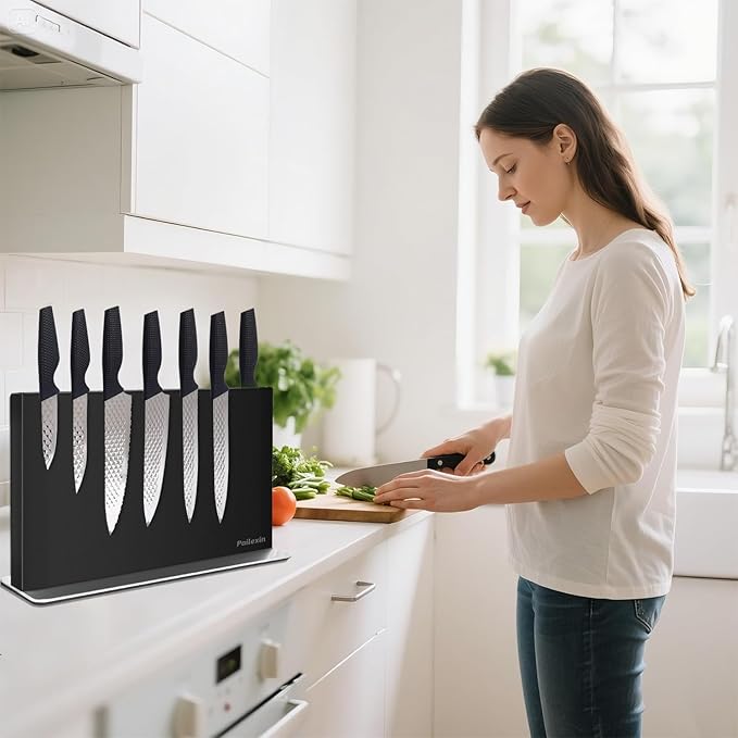 Magnetic Knife Block Without Knives—Black Stainless Steel Double-Sided Magnetic Knife Holder Stand with Strong Magnets, Knife Storage Organizer for Kitchen Counter top, 16.5 inch
