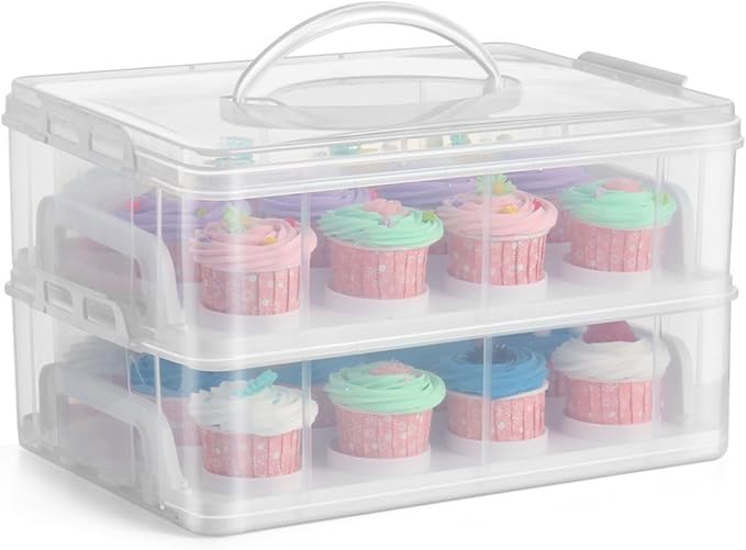 Flexzion Cupcake Carrier, Cupcake Holder for 24 Cupcakes, Portable and Reusable Rectangular Cake Carrier with Lid and Handle, 2 Tier Stackable Layer Insert (Clear)