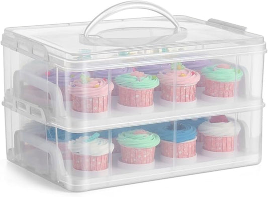 Flexzion Cupcake Carrier, Cupcake Holder for 24 Cupcakes, Portable and Reusable Rectangular Cake Carrier with Lid and Handle, 2 Tier Stackable Layer Insert (Clear)