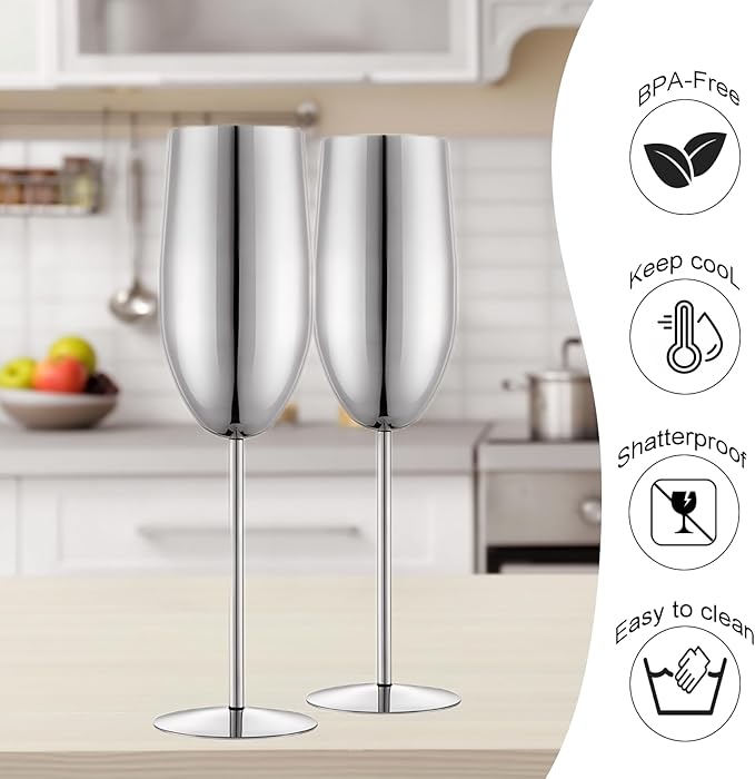 Champagne Glasses Set of 2 Stainless Steel Champagne Flutes Wedding Gifts for Bride 8.5 oz Unbreakable Champagne Glasses for Party Wedding Christmas Anniversary Brithday