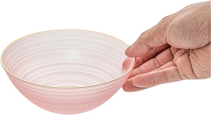 Restaurantware Plastic Bowls 20 Pcs 16 oz Gold Rimmed Disposable Soup Bowls Heavy-Duty Pink Translucent Rippled Dinnerware Containers for Party, Desserts, Salads, Snacks, and Catering