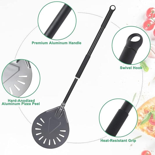 Pizza Turning Peel - 7 Inch Aluminum Perforated Pizza turner with 31 Inch Long handle Lightweight, Metal Pizza Peel for Outdoor Pizza Oven Accessories