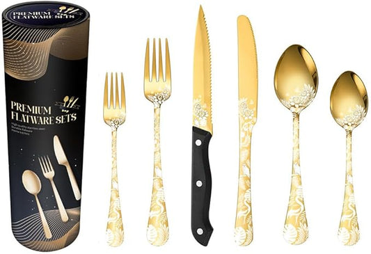 Premium 24 Piece Western Pattern Steak Knife,Fork and Spoon Set,Set for 4,Stainless Steel Cutlery Set with Gift-Ready Box,Dishwasher Safe, Ergonomic Design (Gold)